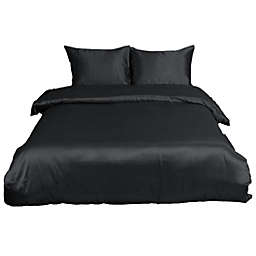 PiccoCasa Solid Duvet Cover Set with 2 Pillow Shams, Soft Polyester Silky Satin Bedding 3-Piece Set, Solid Color Satiny Comforter Cover Set with Zipper Closure & Corner Ties Queen Black