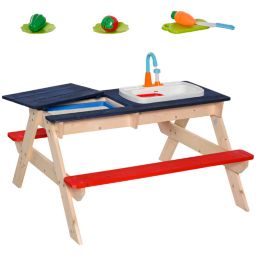 Outsunny Kids Picnic Table with Sandbox Kitchen Toys Faucet Water Pump 37" L x 35" W x 20" H