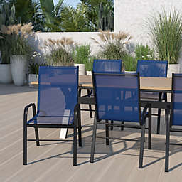 Emma + Oliver 5 Pack Navy Outdoor Stack Chair with Flex Comfort Material - Patio Stack Chair