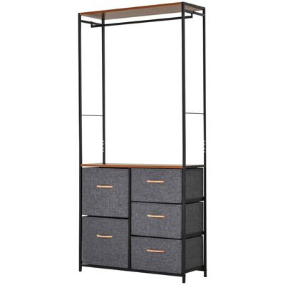 HOMCOM Industrial Bedroom Hall Tree Organizer with Long Coat Hanger Bar, 5 Fabric Foldable Drawers for Entryway, Bedroom, Office, Dorm Room