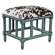 Contemporary Home Living 22" Pavati Dark Brown & White Faux Cowhide and Aqua Blue Turned Wood Small Bench