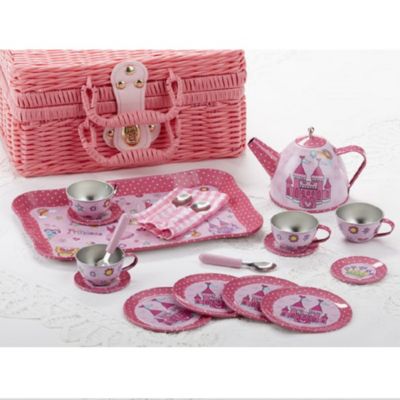 Pink Castle 15 Piece Tin Tea Set in Fabric Lines Basket New