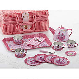 Pink Castle 15 Piece Tin Tea Set in Fabric Lines Basket New