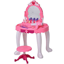 Qaba Children Dressing Table Set Girls, Pretend Princess Vanity Table with Music Lightening, Pink