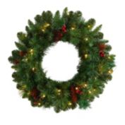 Nearly Natural 20"D Frosted Pine Artificial Christmas Wreath with Pinecones, Berries and 35 Warm White LED Lights