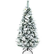 Slickblue Snow Flocked Christmas Pencil Tree with Berries and Poinsettia Flowers-5 ft
