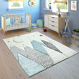 Paco Home Kids Rug for Nursery Mountains Starry-Sky in Light Blue Cream Pastel
