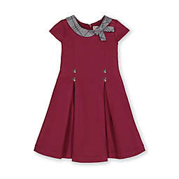 Hope & Henry Girls' Pleated Ponte Dress with Woven Collar and Bow (Berry with Grey Plaid Trim, 3)