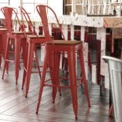Flash Furniture Kai Commercial Grade 30" High Red Metal Indoor-Outdoor Bar Height Stool with Removable Back and Teak All-Weather Poly Resin Seat