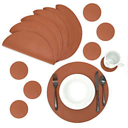 Juvale Set of 6 Faux Leather Circle Placemats and 6 Round Coasters for Dining Room Table (Brown)