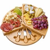 BlauKe Bamboo Cheese Board and Knife Set - 14 Inch Swiveling Charcuterie Board with Slide-Out Drawer - Cheese Serving Platter, Round Serving Tray