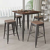 Merrick Lane 5 Piece Bar Table and Stools Set with 31.5" Square Black Metal Table with Wood Top and 4 Matching Bar Stools