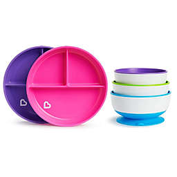 Munchkin Stay Put Bowls and Divided Plates, 5 Pack, Pink/Purple
