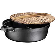 Bruntmor Pre-Seasoned 2-In-1 Cast Iron Big Pot With Lightweight Wooden Lid. Non-Stick Round Seasoned Skillet Wok. Round Bottom Wok Pan With Lid For Shabu Shabu Hot Pot. 5 Quart, Black