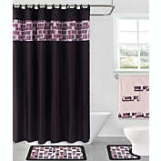 Kitcheniva 4-Piece Set Bathroom Bath Mat Rug Shower Curtain 2-Tone, Mosaic Black