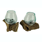 Zeckos Molten Glass On Teak Driftwood Decorative Bowl Vase Terrarium Planter Set of 2