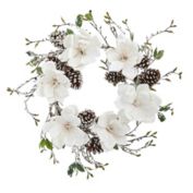 Nearly Natural Snowed Magnolia with Pinecone Artificial Christmas Wreath, 24-Inch, Unlit