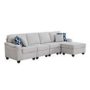 Saltoro Sherpi Lulu 119 Inch Sectional 5 Seater Sofa, Ottoman, 4 Pillows, Light Gray Linen-