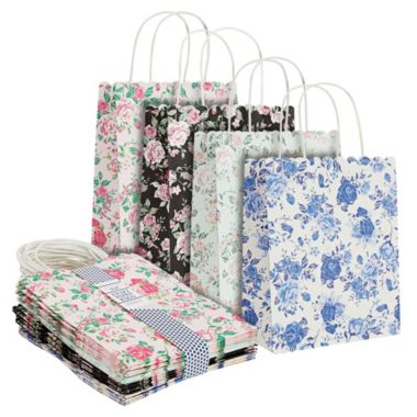 Sparkle and Bash 24 Pack Floral Gift Bags with Handles, Medium Size, All Occasion Rose Flowers, 4 Colors (10 x 8 x 4 In). View a larger version of this product image.