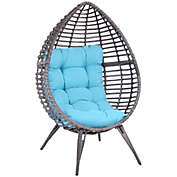 Outsunny Rattan Wicker Lounge Chair with Soft Cushion, Outdoor/Indoor Egg Teardrop Cuddle Chair with Height Adjustable Knob for Backyard Garden Lawn Living Room, Sky Blue