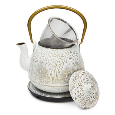 Juvale 32 oz White and Gold Japanese Cast Iron Teapot Set, Decorative Loose Leaf Tetsubin with Handle, Infuser, Trivet (900 ml)