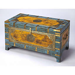 Homeroots Living Room Hand Painted Brass Inlay Storage Trunk Assorted