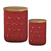 Urban Trends Collection Ceramic Cylinder 56 oz and 24 oz Canister with Bamboo Lid and Engraved Honeycomb Design Body, Set of 2, Gloss Finish, Red