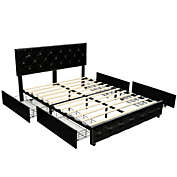 Slickblue  PU Leather Upholstered Platform Bed with 4 Drawers-Queen Size