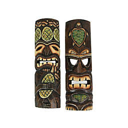 J.D. Yeatts Hand Crafted Wooden Tiki Wall Masks 20 Inch Set of 2 Pineapple and Sea Turtle Designs