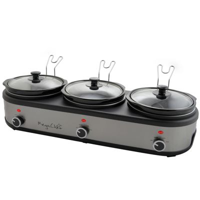 MegaChef Triple 2.5 Quart Slow Cooker and Buffet Server in Brushed Silver and Black Finish with 3 Ceramic Cooking Pots and Removable Lid Rests