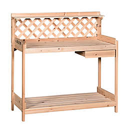 Outsunny Outdoor Garden Potting Bench, Wooden Workstation Table w/ Drawer, Hooks, Open Shelf, Lower Storage and Lattice Back for Patio, Backyard and Porch