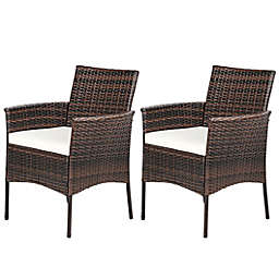 Costway-CA 2 Pieces Rattan Arm Dining Chair Cushioned Sofa Furniture Patio