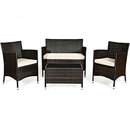 Costway-CA 4 Pcs Rattan Outdoor Patio Conversation Furniture Set with Glass Table and Comfortable Wicker Sectional Sofa