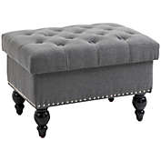 Halifax North America 25" Storage Ottoman with Removable Lid, Button-Tufted Fabric Bench for Footrest and Seat with Wood Legs, Grey