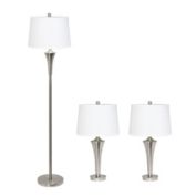 Lalia Home Perennial Modern Vienna 3 Piece Metal Lamp Set (2 Table Lamps, 1 Floor Lamp) For Living Room, Bedroom, Home Decor With White Tapered Drum Fabric Shades And Brushed Nickel Finish