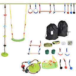 Outsunny Climbing Rope Obstacle Course for Children, Includes Monkey Bars, Gymnastic Rings, Swing, Climb Rope, and Travel Bag