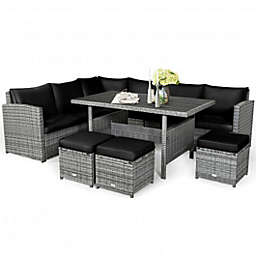 Costway 7 Pieces Patio Rattan Dining Furniture Sectional Sofa Set with Wicker Ottoman-Black