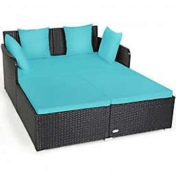 Costway Outdoor Patio Rattan Daybed Thick Pillows Cushioned Sofa Furniture-Turquoise