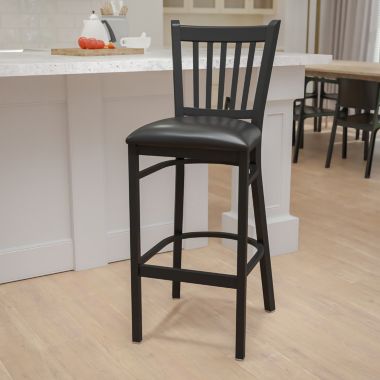 Emma + Oliver Black Metal Vertical Back Barstool, Black Vinyl Seat. View a larger version of this product image.