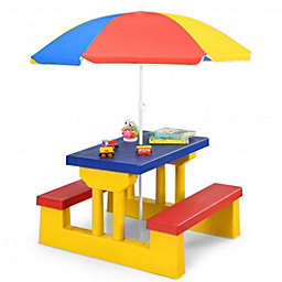 Costway-CA Kids Picnic Folding Table and Bench with Umbrella-Yellow