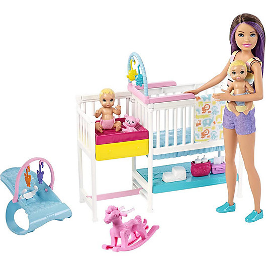 Alternate image 1 for Barbie Nursery Playset with Skipper Babysitter Doll, 2 Baby Dolls, Crib and Working Baby Gear