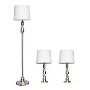 Lalia Home Perennial Morocco Classic 3 Piece Metal Lamp Set (2 Table Lamps, 1 Floor Lamp) For Living Room, Bedroom, Home Decor With White Drum Fabric Shades And Brushed Steel Finish