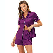 cheibear Womens Pajama Loungewear Shorts Button Down Shirt Sleepwear Solid Collared Elastic Waist Nightwear Satin Pj Sets Large Purple