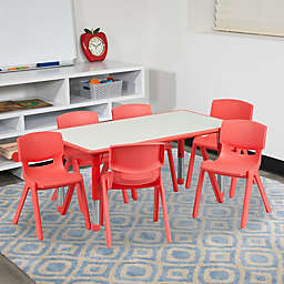 Flash Furniture 23.625''W x 47.25''L Rectangular Red Plastic Height Adjustable Activity Table Set with 6 Chairs