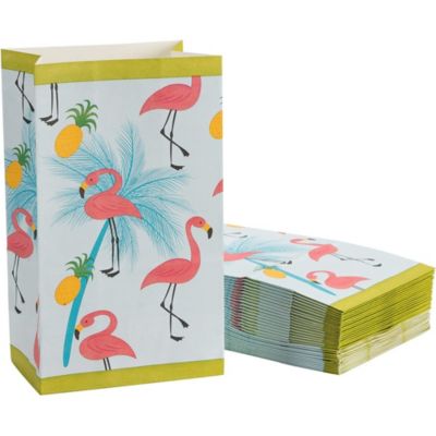 Blue Panda Flamingo Party Bags - 36-Pack Small Paper Gift Bags for Party Favors, Tropical Summer Themed Birthday Party Supplies, Flamingo, Pineapple, and Palm Trees Print Kids Goodie Bags