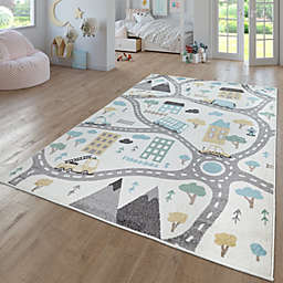 Paco Home Nursery Rug with Streets Cars and Trees Motif in Pastel Colors