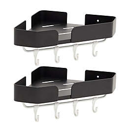 Juvale Bathroom Corner Shelves with Hooks, Wall Mounted Shower Caddy (12.5 x 8.2 In, Black, 2 Sets)