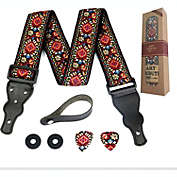 Art Tribute Guitar Strap Embroidered Red Vintage Woven with 2 Picks + Strap Locks + Strap Button