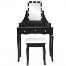 Costway 10 Dimmable Light Bulbs Vanity Dressing Table with 2 Dividers and Cushioned Stool-Black