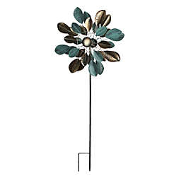 Gerson Copper and Verdigris Leaf-Shaped Double Pinwheel Wind Spinner Garden Stake 63 Inches